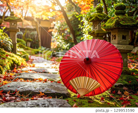 伝統小物が彩る秋の日本庭園 伝統小物が彩る秋の日本庭園 129953590