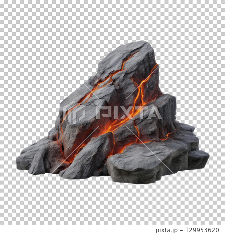 Molten lava rock with glowing cracks and rough texture, volcanic stone emitting heat and fiery orange light 129953620