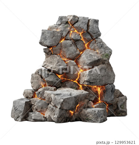 Cracked volcanic rock with glowing lava flowing through fissures, creating dramatic and intense natural scene with fiery orange light 129953621