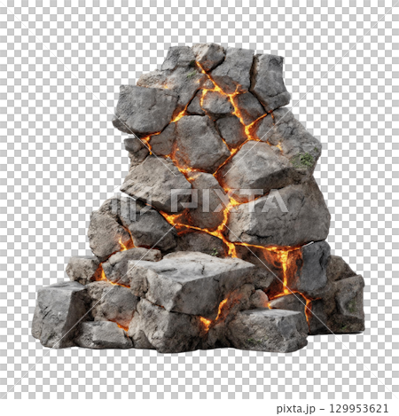 Cracked volcanic rock with glowing lava flowing through fissures, creating dramatic and intense natural scene with fiery orange light 129953621