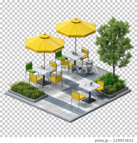 Outdoor cafe seating with yellow umbrellas and chairs on tiled patio surrounded by greenery and tree, inviting and bright atmosphere 129953632
