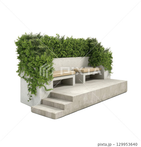 Modern concrete bench with wooden seats and lush green plants, creating fresh and inviting outdoor seating area 129953640