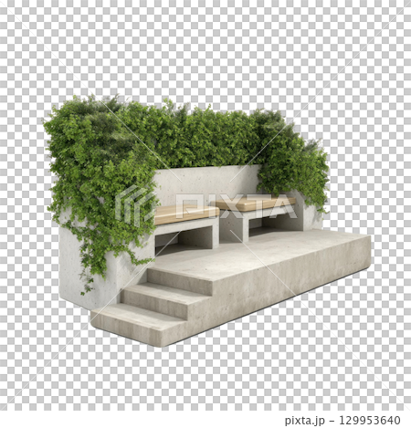 Modern concrete bench with wooden seats and lush green plants, creating fresh and inviting outdoor seating area 129953640