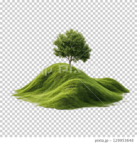 Green grassy hill with single leafy tree on top, showcasing natural beauty and peaceful outdoor scenery 129953648