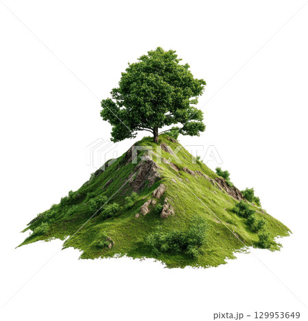 Green hill with tree grassy hill single tree rocky hill nature landscape isolated hill green foliage outdoor scenery natural environment hilltop 129953649