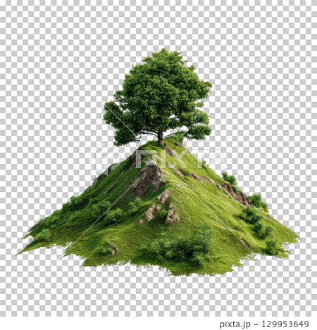 Green hill with tree grassy hill single tree rocky hill nature landscape isolated hill green foliage outdoor scenery natural environment hilltop 129953649
