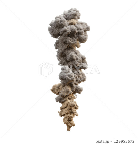Dense vertical cloud of thick smoke with textured, billowing appearance rising against transparent background, evoking dramatic and intense 129953672