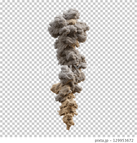 Dense vertical cloud of thick smoke with textured, billowing appearance rising against transparent background, evoking dramatic and intense 129953672