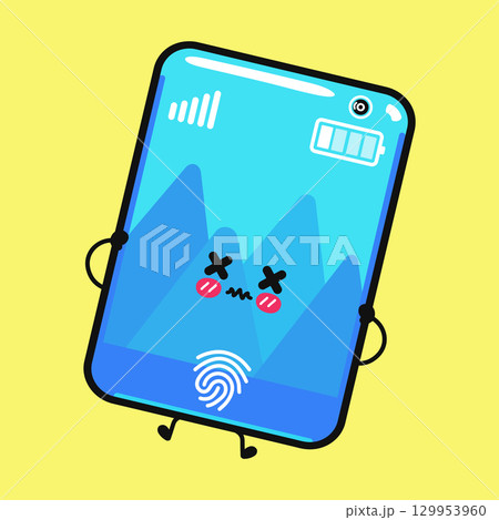 Cartoon smartphone character with a sad expression and low battery on a yellow backdrop. Cartoon smartphone character with a sad expression and low battery on a yellow backdrop. 129953960