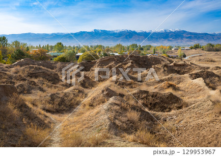 Ancient Penjikent ruins aerial panoramic view, Tajikistan Ancient Penjikent ruins aerial panoramic view, Tajikistan 129953967