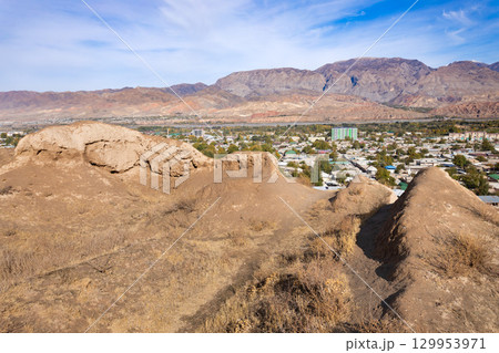 Ancient Penjikent ruins aerial panoramic view, Tajikistan Ancient Penjikent ruins aerial panoramic view, Tajikistan 129953971