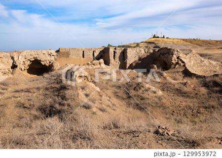 Ancient Penjikent ruins aerial panoramic view, Tajikistan 129953972