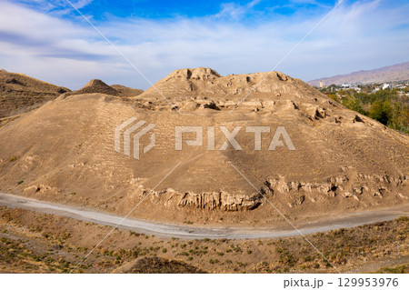 Ancient Penjikent ruins aerial panoramic view, Tajikistan 129953976