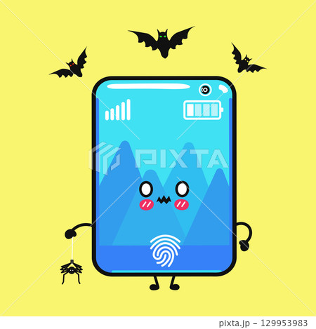 A whimsical cartoon smartphone character with bats and a friendly spider against a yellow backdrop. A whimsical cartoon smartphone character with bats and a friendly spider against a yellow backdrop. 129953983