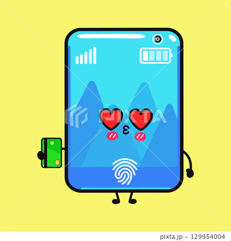 A cute smartphone character expressing love while holding a credit card on a yellow background. 129954004