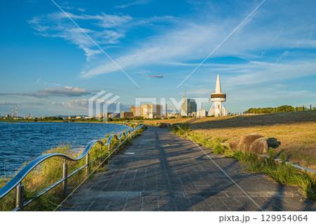夏の淀川風景　淀川河川公園枚方地区　大阪府枚方市 129954064