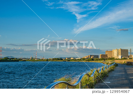 夏の淀川風景　淀川河川公園枚方地区から上流側の景観　大阪府枚方市 129954067
