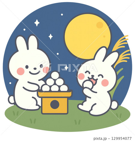 お月見イラスト 月見団子とお団子を食べるかわいいウサギ 129954077