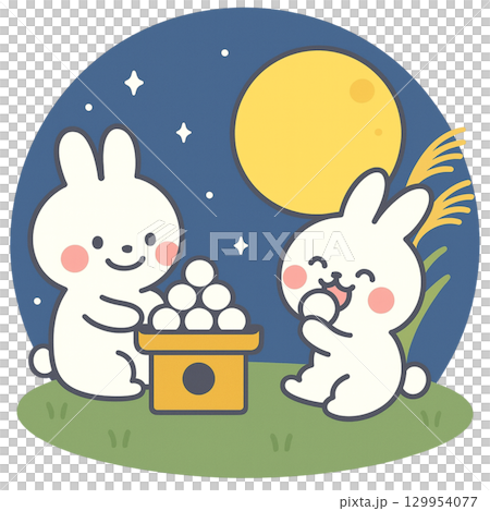 賞月插畫賞月餃子和吃餃子的可愛兔子 129954077