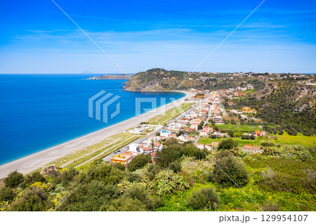 Milazzo city beach aerial panoramic view, Sicily 129954107