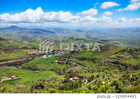 Calascibetta town aerial panoramic view in Sicily 129954493