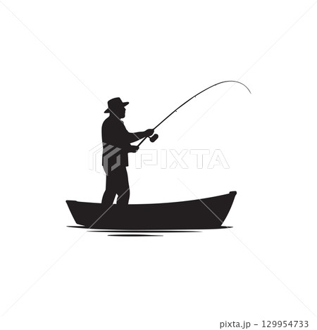 silhouette of a man fishing from a small boat isolated on white background 129954733