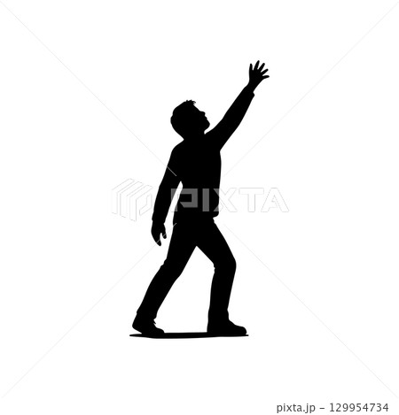 silhouette of a man reaching upward with one hand extended, hopeful pose on white background 129954734