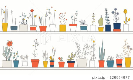 カラフルな鉢植え植物が並ぶ棚のイラスト 129954977