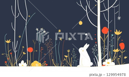 夜の森で月を見上げる白いうさぎの幻想的イラスト 129954978