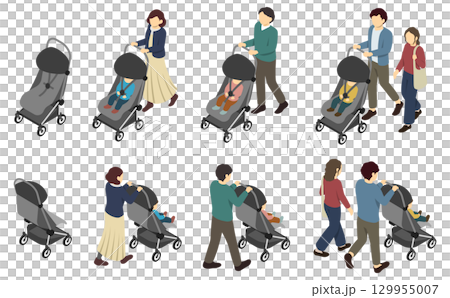 Isometric illustration: family with stroller 129955007