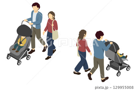 アイソメトリックイラスト：ベビーカーに乗る子どもとその両親 129955008