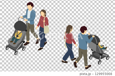 等距插圖:父母帶著孩子在嬰兒車裡 等距插圖:父母帶著孩子在嬰兒車裡 129955008