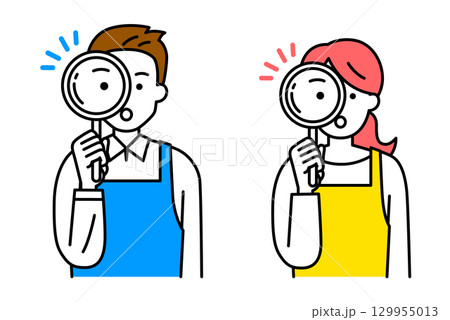 虫眼鏡を覗くエプロン姿の男女　セット 129955013