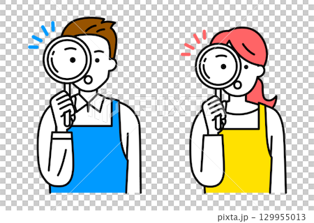 虫眼鏡を覗くエプロン姿の男女　セット 129955013