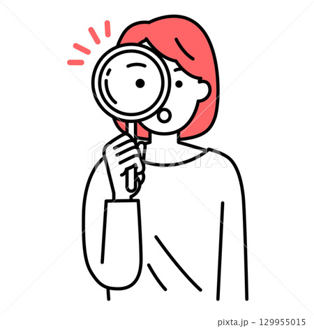 虫眼鏡を覗く若い女性 129955015