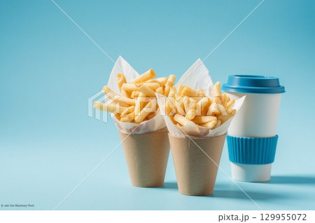 French Fries in Paper Cone with Coffee Cup on Blue Background French Fries in Paper Cone with Coffee Cup on Blue Background 129955072