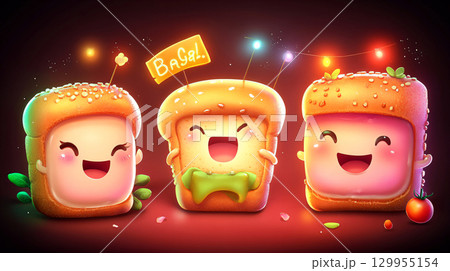 Cute and funny Bread Party, Festival Celebration, cartoon character mascot style. AI Generated. 129955154