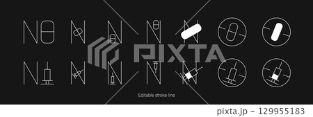 Antibiotic free icons set for biologically active additive. Vector stock illustration isolated on black background for design template medicine, food packaging, stickers, certificate, label and tag 129955183