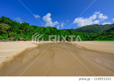 小川が流れる白砂の石垣島クリスタルビーチの夏の風景 小川が流れる白砂の石垣島クリスタルビーチの夏の風景 129955203