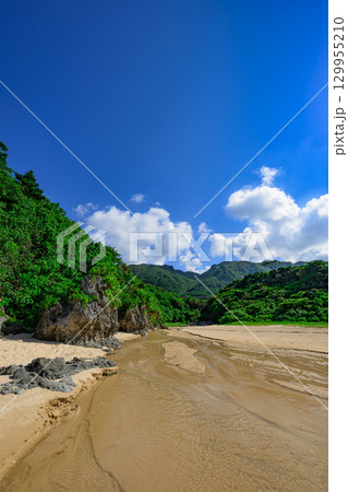 小川が流れる白砂の石垣島クリスタルビーチの夏の風景 129955210