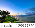 石垣島の夕焼けに染まる砂浜とヤシの木のリゾート風景 129955220