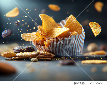 Potato chips in paper bag stack. unhealthy snacks. AI Generated. 129955228