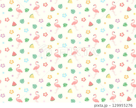 フラミンゴと夏のハイビスカスのパターン 129955276