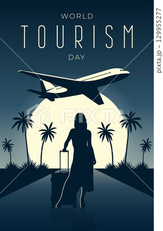 World Tourism Day poster with airplane and traveler vector illustration. 129955277
