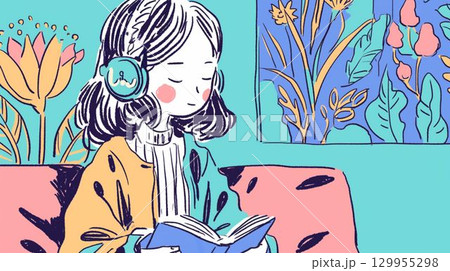 花に囲まれて読書するヘッドホンの少女 129955298