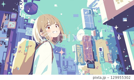 街中を歩くリュックの少女のアニメ風イラスト 129955302