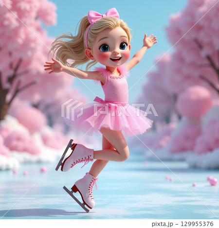 凍った池でスケートをする女の子 凍った池でスケートをする女の子 129955376