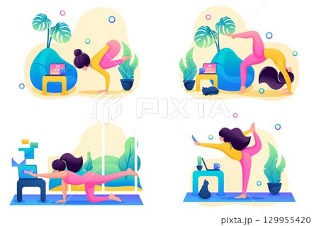 Set of landing pages on the topic of yoga classes at home. Flat 2D Web design Set of landing pages on the topic of yoga classes at home. Flat 2D Web design 129955420