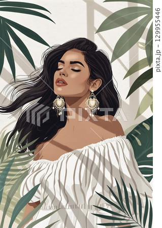 Minimalist Boho Woman with Tropical Leaves and Soft Light 129955446