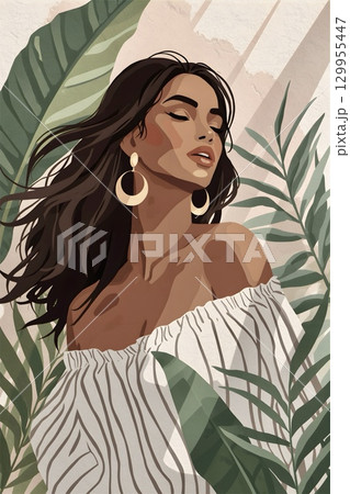 Minimalist Boho Woman with Tropical Leaves and Soft Light 129955447